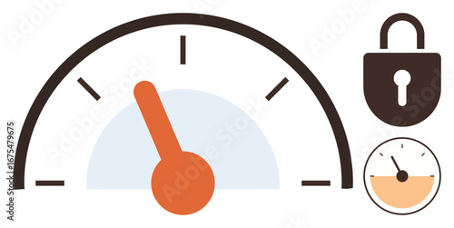 Speedometer with orange needle illustrates performance and optimization concepts, coupled with a lock for security. Ideal for cybersecurity, performance management, speed tracking, data encryption