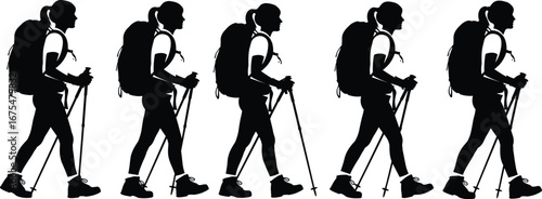 Hiker silhouette vector illustration with backpack, trekking poles, walking motion sequence, outdoor activity, ponytail figure, black design, white background