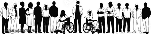 Inclusive group silhouette of diverse people including wheelchair users and visually impaired, black vector illustration for accessibility concept