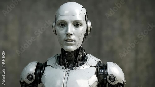 Futuristic humanoid robot with a neutral expression, captured in a close-up, eye-level angle. Ideal for sci-fi video themes or AI concepts. Live desktop wallpaper.