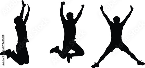 Jumping silhouette figures in expressive poses, joyful motion and celebration concept, black vector illustration on white background for design