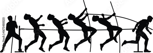 Pole vault silhouette sequence showing athletic motion stages, track and field sport illustration, black vector design on white background