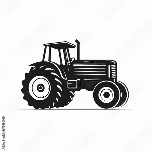 Powerful farm tractor, side view, agricultural transport black silhouette