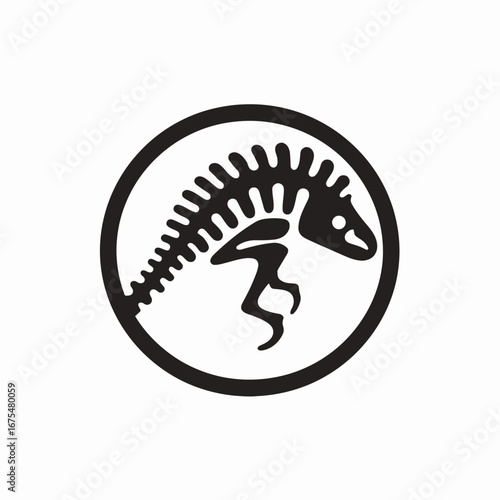 Circular dinosaur skeleton representation featuring a prehistoric animal fossil silhouette