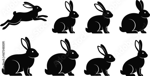 Rabbit motion silhouette sequence showing leap, landing, sitting, and crouch positions, black vector illustration for animation or biology