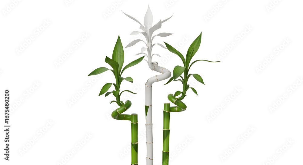 Naklejka premium Vertical Bamboo Stalks with Green Leaves Isolated on White Background