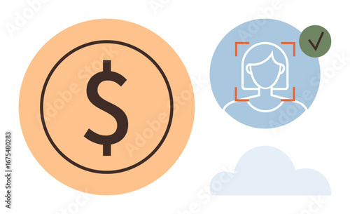 Large dollar icon alongside face recognition verification with approved checkmark and minimal cloud element. Ideal for security, technology, finance, user authentication, identity validation, digital