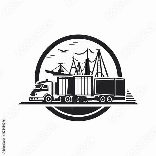 Industrial scene inside circle with a large transport truck silhouette