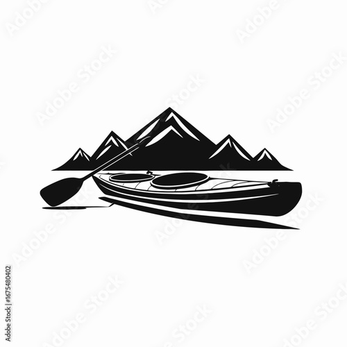 Kayak adventure with mountain backdrop creates an adventure tourism icon silhouette
