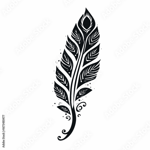 Ornate black feather with swirls and dots on white backdrop silhouette