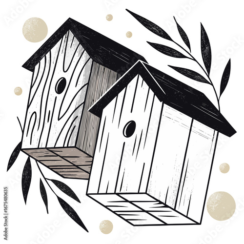 Wooden birdhouses with leaves and abstract circles in minimalist style  