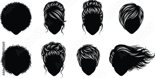 Silhouette hairstyles on faceless heads, diverse hair textures and styles, black vector illustration for fashion, beauty, and design use