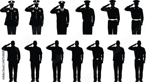 Silhouette progression of military and civilian individuals saluting, black vector illustration symbolizing respect, service, transition, and unity