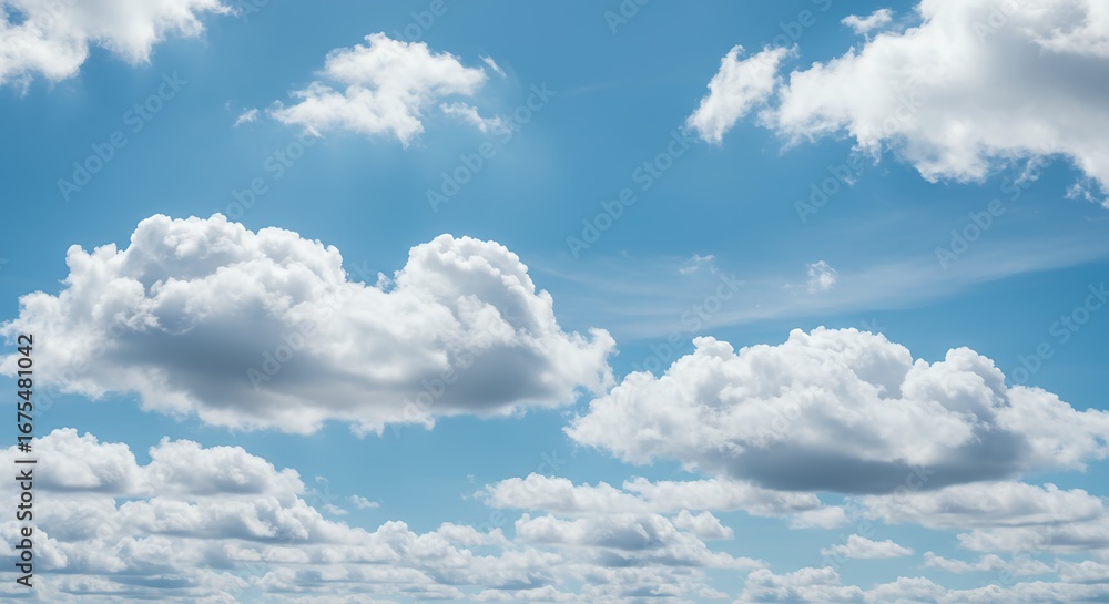 Fototapeta premium A beautiful blue sky filled with fluffy white cumulus clouds on a sunny day.