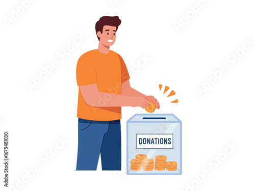 Man placing coin into donation box flat vector illustration