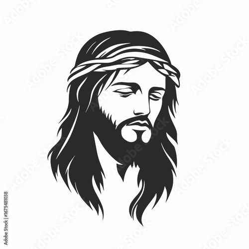 Jesus Christ with crown thorns black and white vector clean silhouette