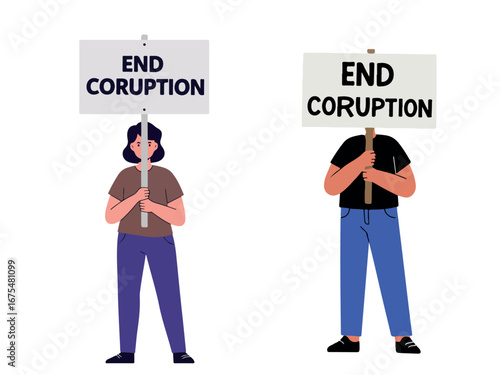 Protester holding sign with "End Corruption" written on it flat vector illustration