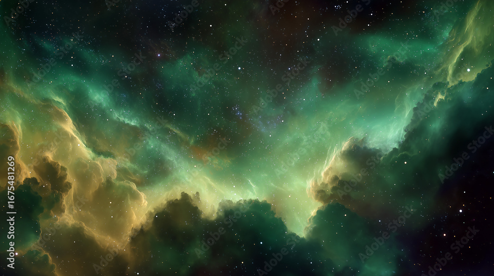 Obraz premium Green and Yellow Nebula in Dark Space. Green nebula background, space background, space, stars, green nebulus
