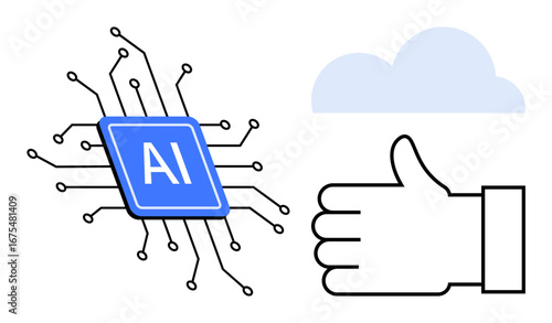 AI chip with circuits, thumbs-up gesture symbolizing approval, and cloud hinting at cloud computing. Ideal for AI, digital transformation, innovation, approval system, cloud computing, modern