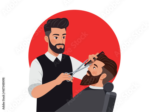 Barbershop barber trimming beard of customer with scissors flat vector illustration