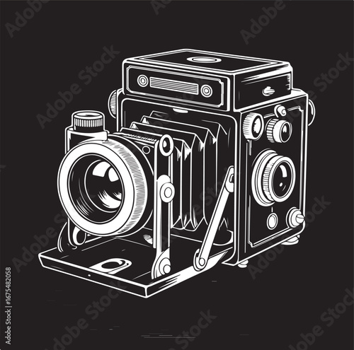 Detailed black silhouette of a professional video camera presents high quality resolution and clarity