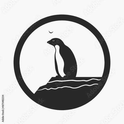 Serene penguin gazing at the moon in a black circle silhouette