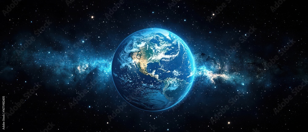 Fototapeta premium Vivid view of Earth from space showing vibrant blue oceans, green and brown continents, white clouds, set against a vast star-filled cosmic background with a glowing galaxy band