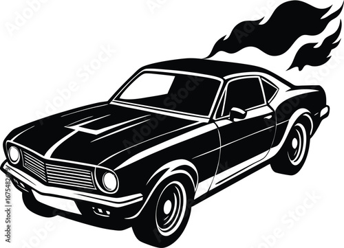 Vector art of classic muscle car with flames coming out of the exhaust