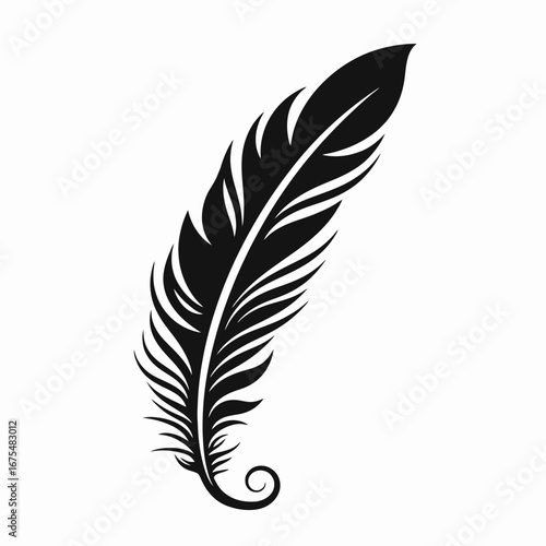 Graceful and elegant feather isolated on white background, detailed vector silhouette