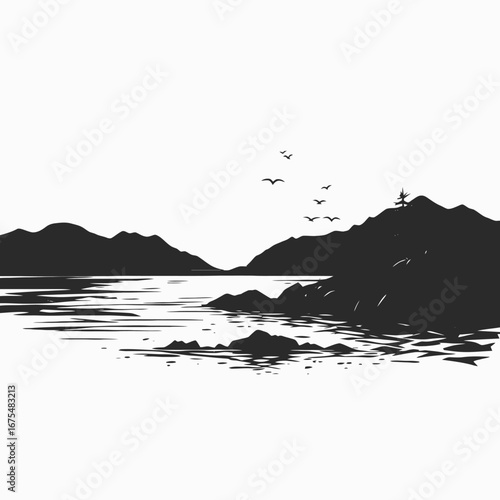 Tranquil lakescape captures mountainous scenery, birds gracefully flying, a minimalistic style silhouette