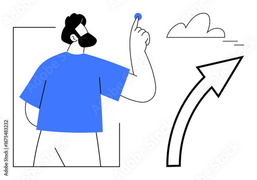 Person pointing upward with cloud and large expanding arrow, symbolizing ambition and growth. Ideal for innovation, success, progress, ideas, leadership, goal-setting motivation. Simple flat