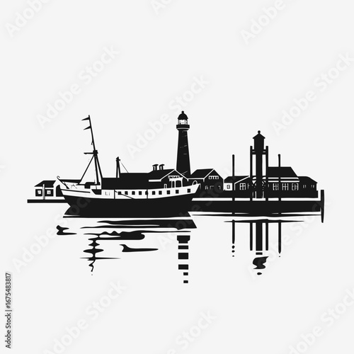 Coastal harbor scene featuring a ship, buildings, and lighthouse silhouette.
