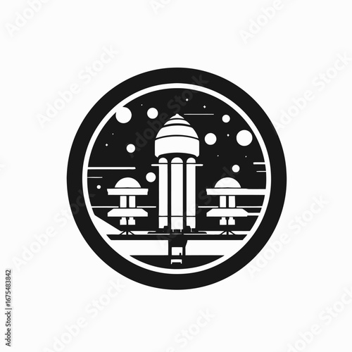 Abstract lunar station with towers and stars round black silhouette
