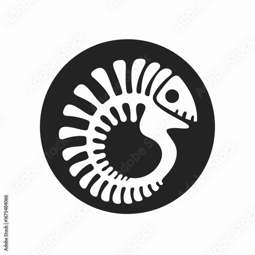 Curled, circular fishbone symbol emblem badge, a marine life skeleton silhouette