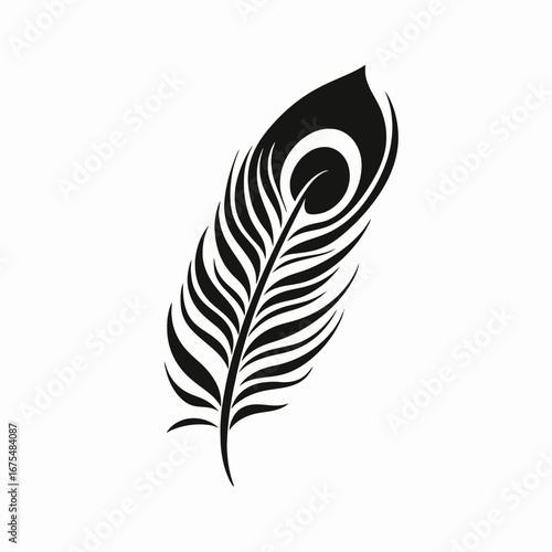 Elegant single peacock feather with distinct eye spot in bold silhouette