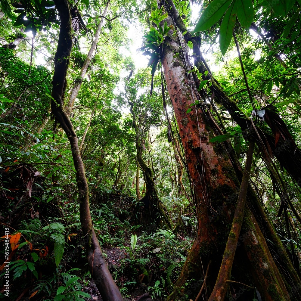 Fototapeta premium Lush Tropical Rainforest Canopy with Sunlight Peeking Through Trees.