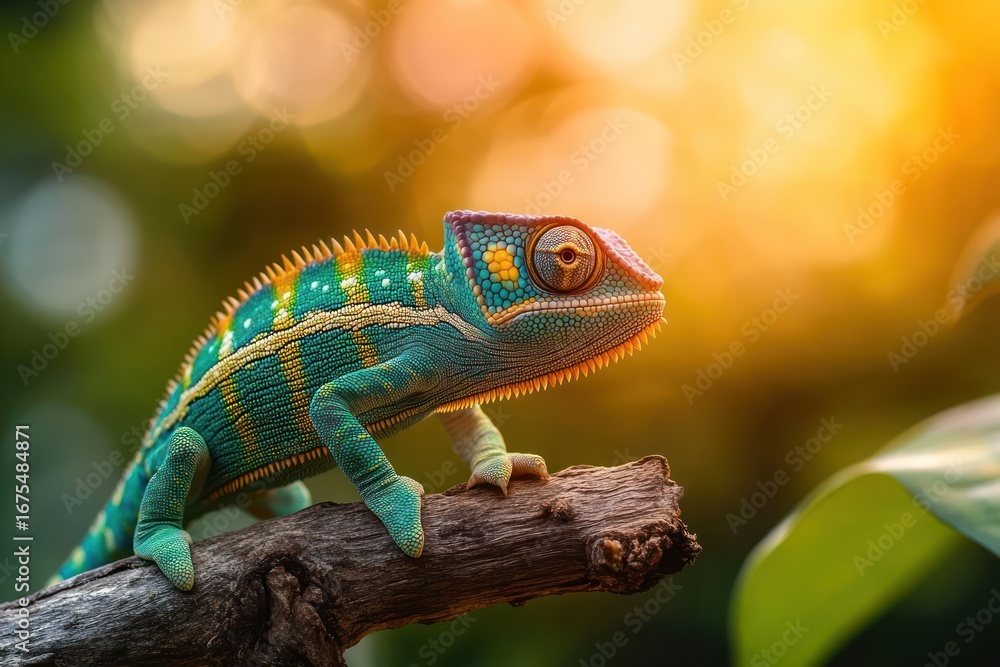 Fototapeta premium close-up of a vibrant green and blue chameleon with orange accents perched on a textured tree branch under warm glowing sunlight