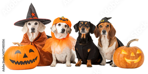 A group of dogs dressed in halloween costumes with pumpkins on a white studio background posing for the camera