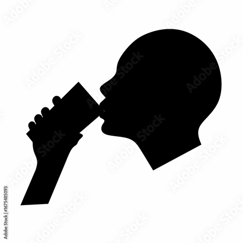 Vector silhouette of a man drinking a glass of water with his hand on a white background.