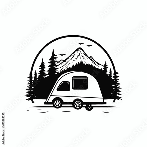 Camping adventure with the trailer near the mountain in stylish silhouette
