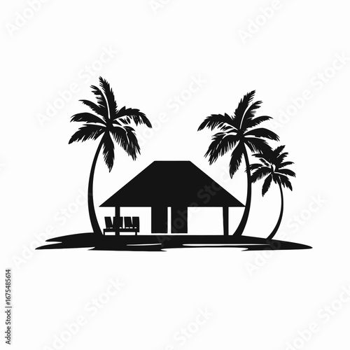 Tropical island beach hut under palm trees, minimalist vector silhouette