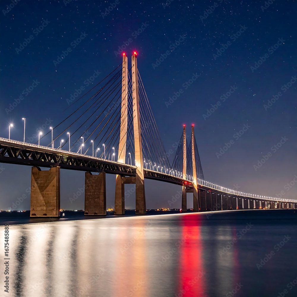 Fototapeta premium Illuminated cable-stayed bridge at night