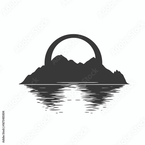 Tranquil mountain landscape reflected water surface with bridge abstract design silhouette