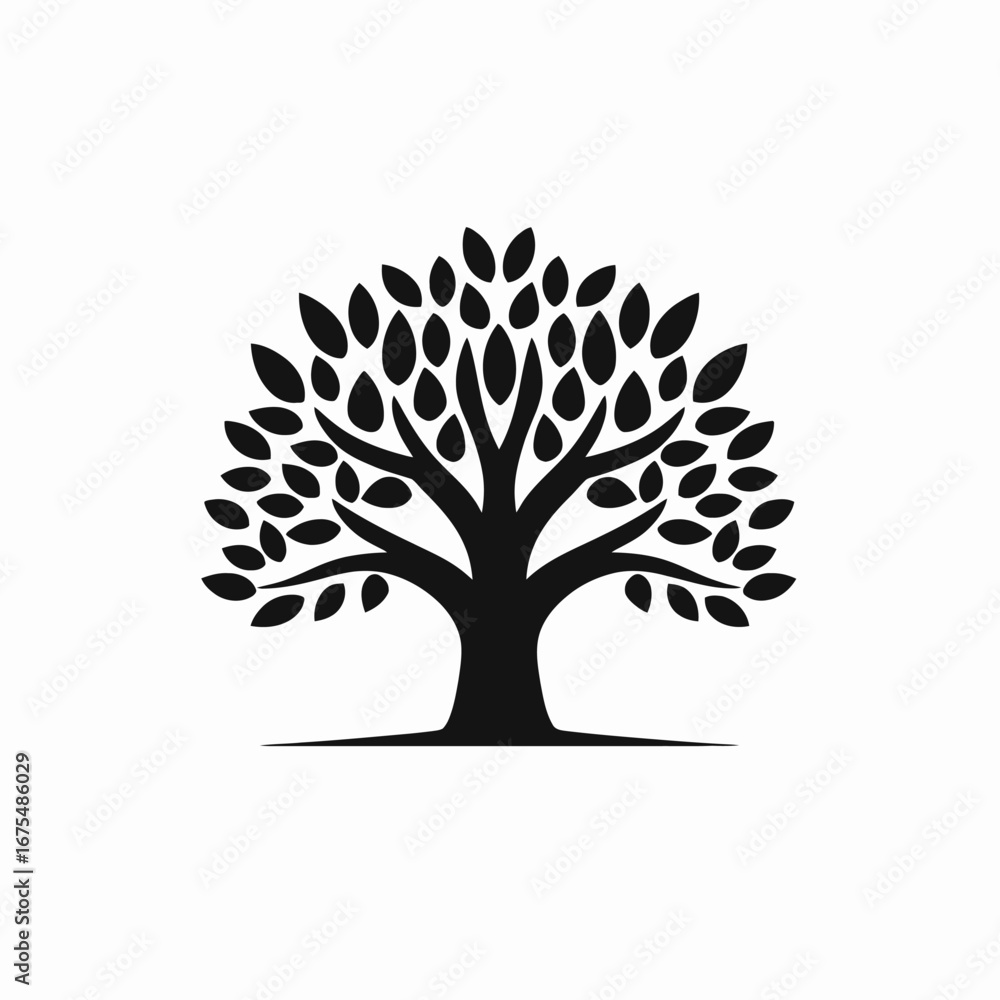 Obraz premium Elegant isolated tree illustration with many oval leaves displaying dark silhouette