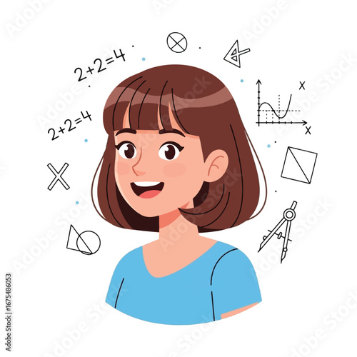 Illustration of a smiling young woman surrounded by mathematical symbols, equations, and geometric shapes, representing learning and intelligence.