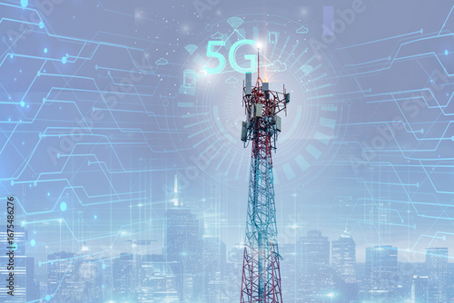 Telecommunication tower or Mobile phone tower with 5G cellular network . Global connection and internet network concept.on city background.