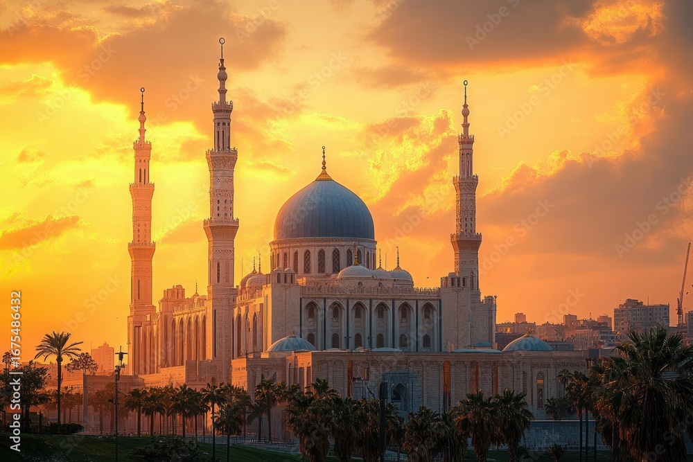 Fototapeta premium Magnificent white mosque with large domes and tall minarets illuminated by a warm golden sunset sky surrounded by palm trees and urban skyline