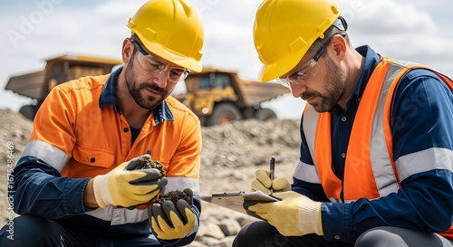 Two Miners in Yellow Hard Hats Examine Soil Samples with a Dump Truck in the Background.