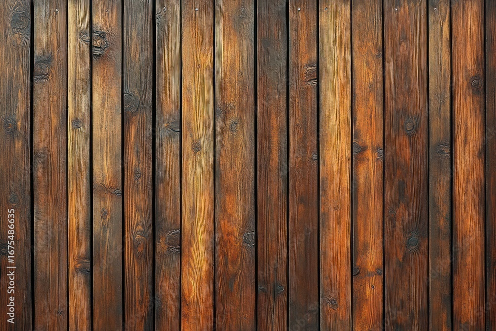 Naklejka premium Close-up view of rustic wooden planks with warm brown tones and natural grain patterns creating a textured wooden surface
