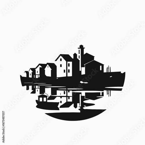 Idyllic harbor town mirrored darkly on water reflecting, black and white silhouette